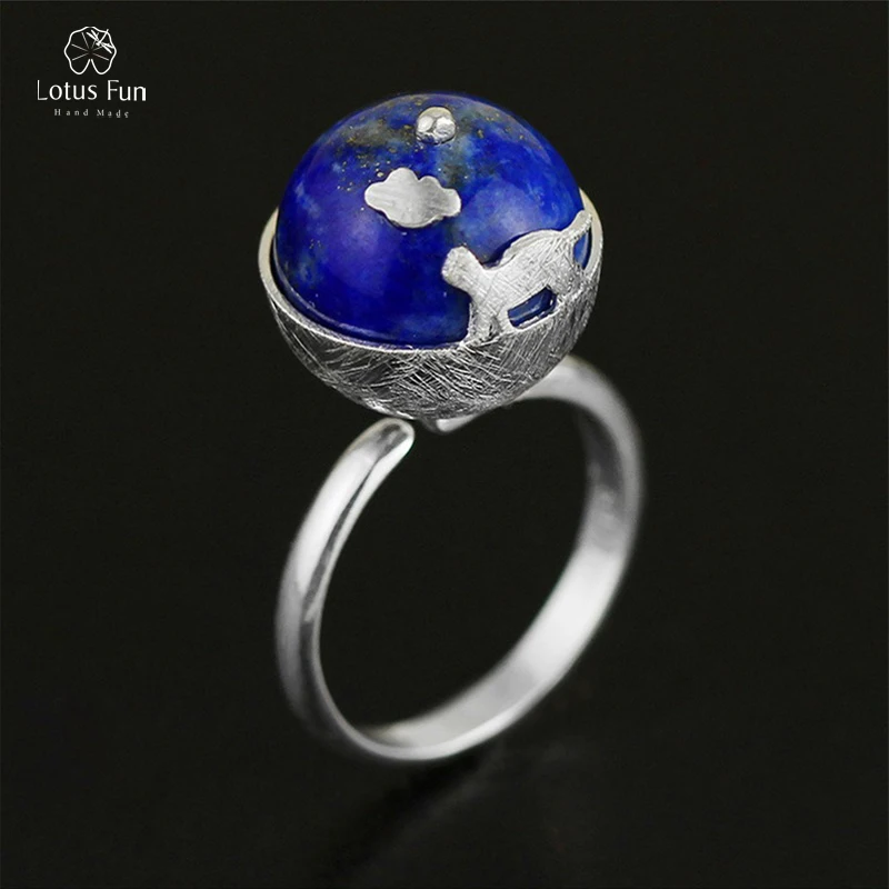 

Lotus Fun 925 Sterling Silver Ring for Women Natural Blue Lapis Stone Handmade Designer Cat Cloud Open Resizable Fine Jewellery