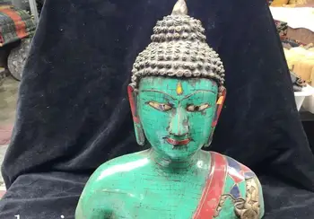 

15''Tibet Nepal handicraft Bronze gold inlcy Turquoise Gem Bust Sakyamuni buddha