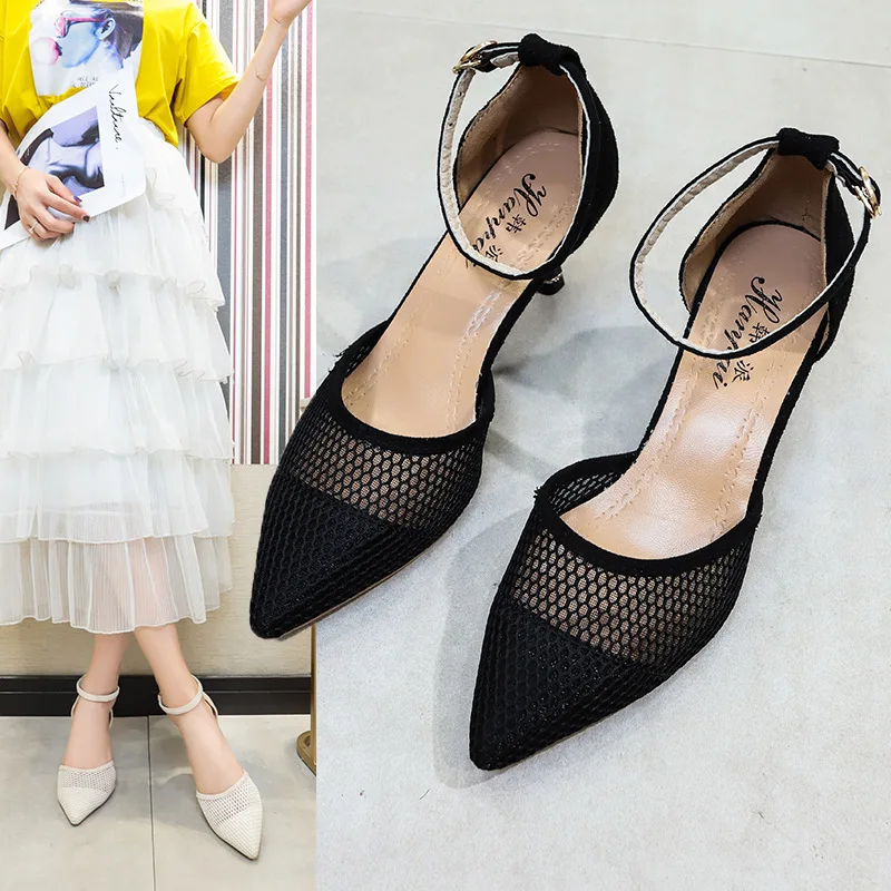 

Sexy Mesh hollow mules 2019 ladies sandal ankle strap closed toe sandalen dames breathable pointed shoes woman high heels pumps