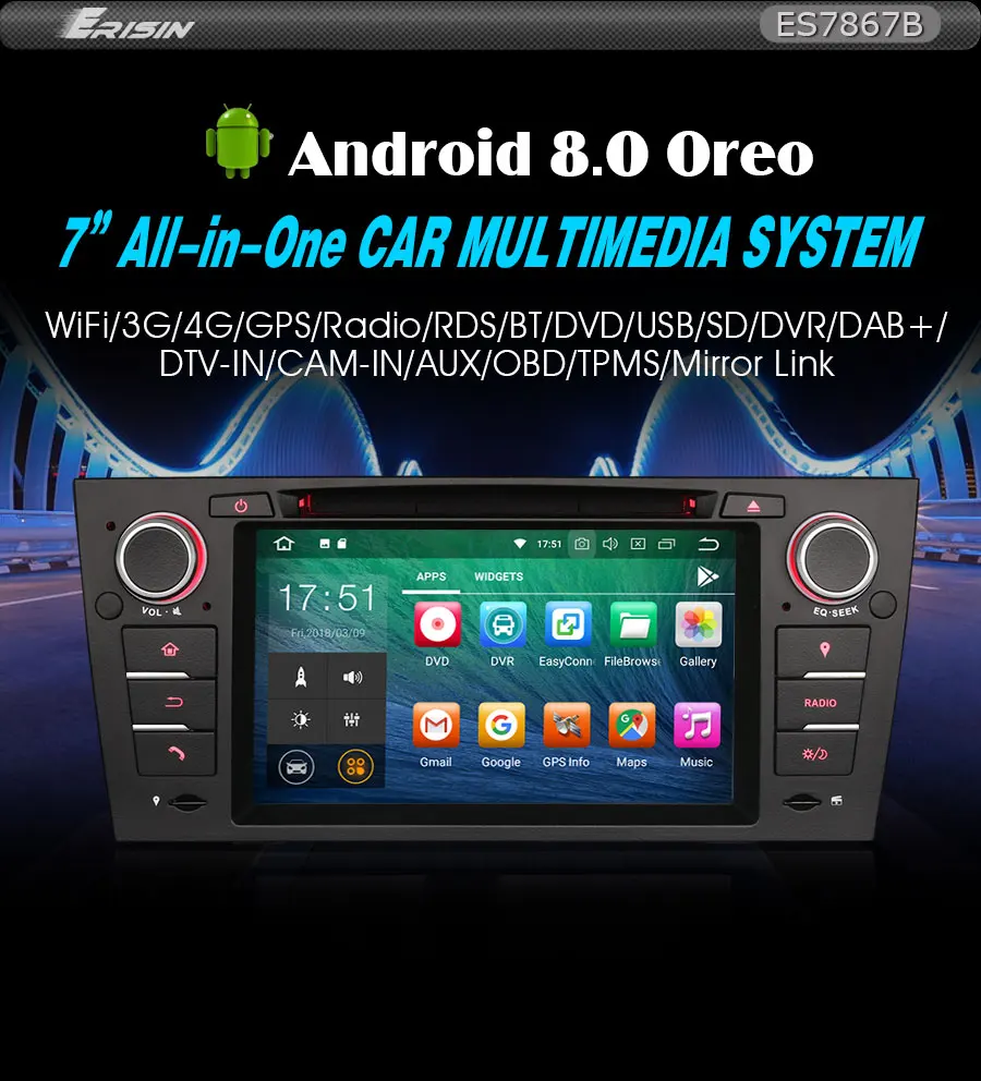 Best Erisin ES7867B 7" Android 8.0 Octa core 4G RAM Car DVD GPS Radio DVR DAB+ DVD For BMW 3 Series E90 Saloon/Touring/Coupe 7