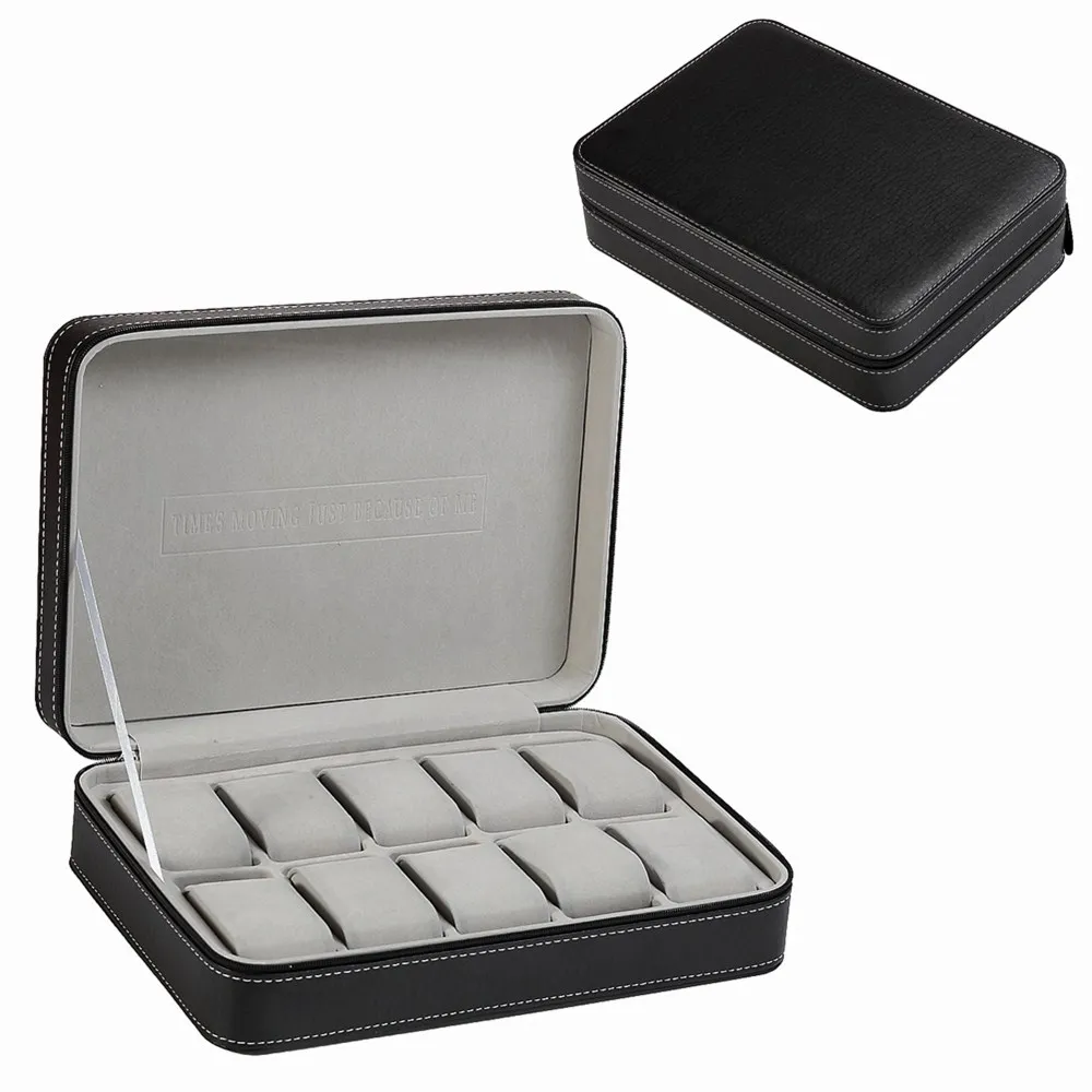 

10 Slot Cardboard Fabric Lining Fashion Portable Black PU Leather Wrist Travel Watch Storage Display Case Box