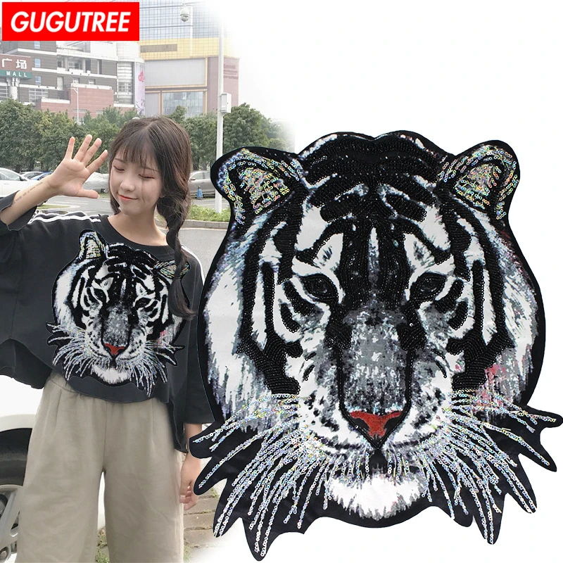 

GUGUTREE embroidery paillette big patches tiger patches animal patches badges patches for jackets
