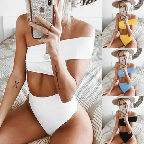 

New Design Women Bikini Set Off The Shoulder Swimsuit High Waist Ladies Bathing Suit Solid Swimwear High Waist Hot Beachwear