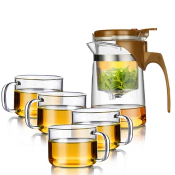 

5PC Set Heat Resistant Glass Kung Fu Tea Set Elegant Cup Teacup Mug Flower Tea Convenient Teapot With Filter Coffee Kettle 500ML