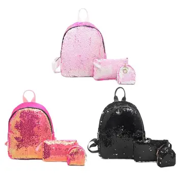

3pcs/set Sequins Women Casual PU Leather Travel Backpacks Purse Clutch
