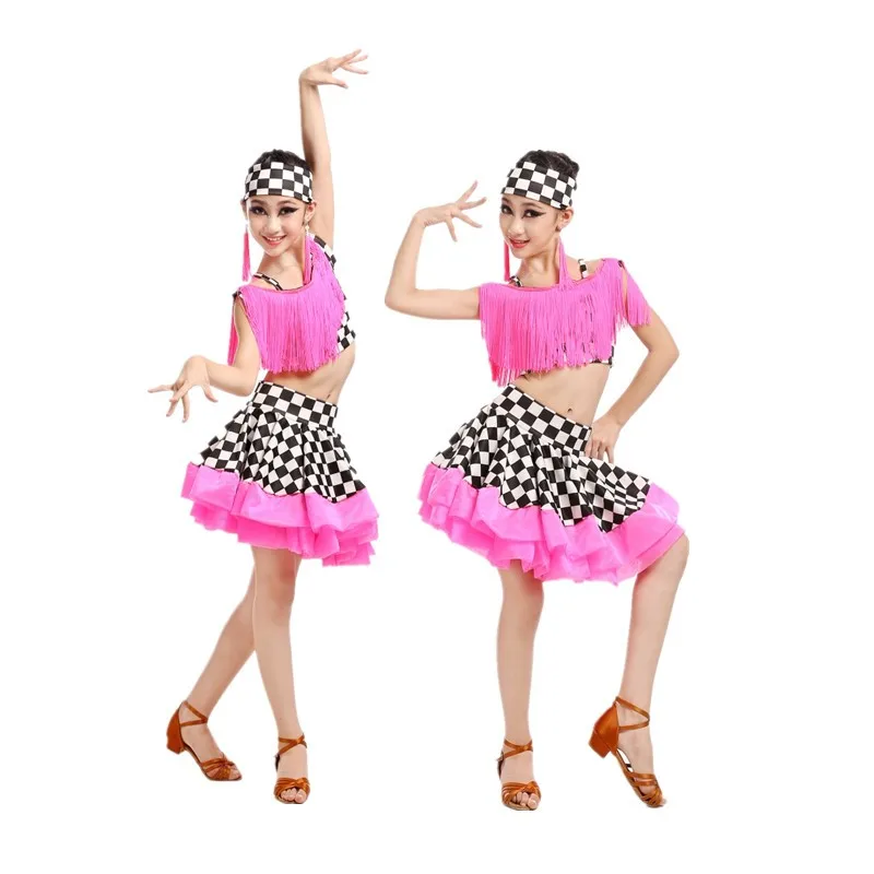 Новый взрослый ребенок Костюмы для латиноамериканских танцев Танцевальный костюм спандекс кисточкой топ + юбка 2 шт. латинские танцы набор