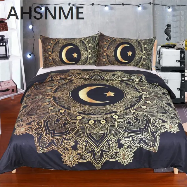 Ahsnme 3 Pcs Gold Mandala Flowers Star Moon Duvet Cover Black Dark Ahsnme 3 Pcs Gold Mandala Flowers Star Moon Duvet Cover Black Dark Blue Bedding Set Soft