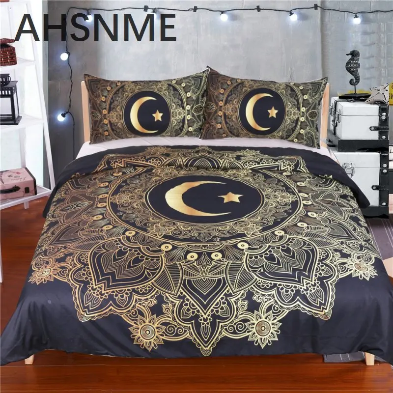 AHSNME 3 قطع الذهب ماندالا الزهور نجمة القمر حاف غطاء أسود كحلي الفراش مجموعة لينة لحاف غطاء سرير واحد غطاء