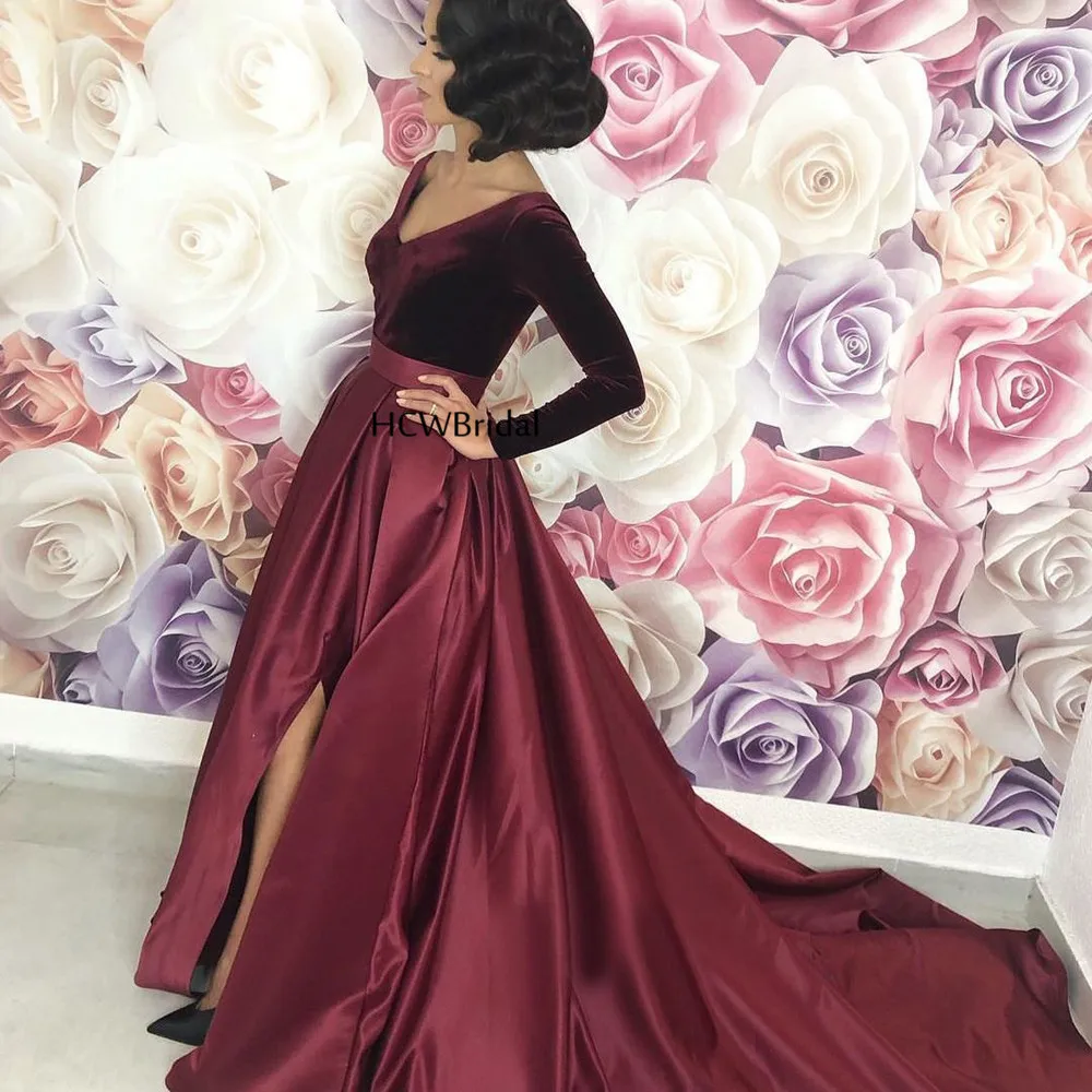 

Elegant Burgundy Long Sleeve Evening Dress V Neck Side Split Sweep Train Velvet Satin Long Formal Occasion Dresses Custom Made