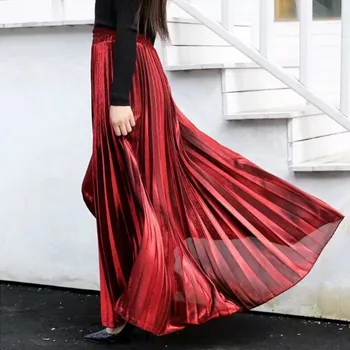 

Summer Autumn Skirts Women Modern Style High Waist Shiny Pleated Skirts Casual Trendy Elastic Waist Long Maxi Skirt Jupe Femme