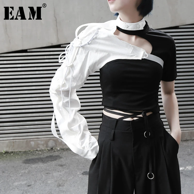  [EAM] 2020 New Spring Summer Lapel One-sided Long-sleeved Accessories Irregular Personality Shirt W