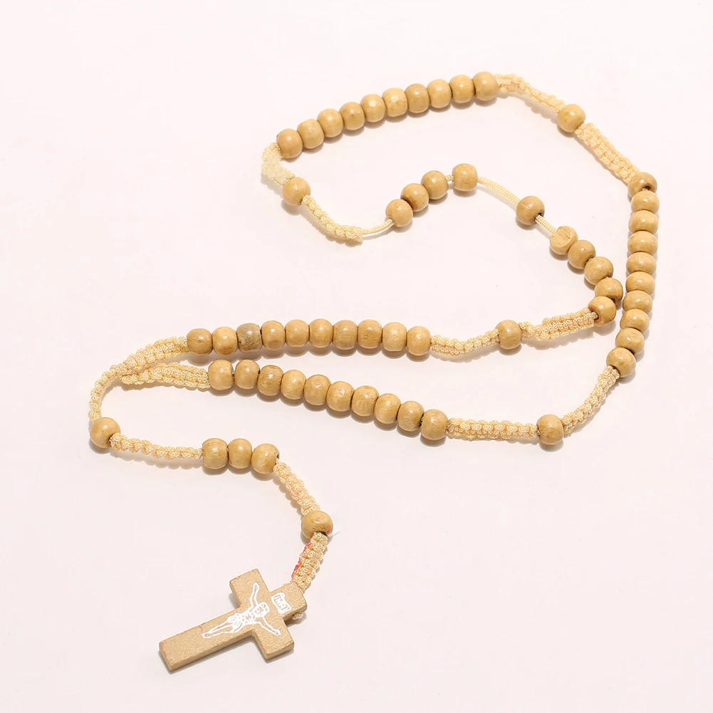 Мода Ретро стиль мужчины женщины католический Христос Деревянные Четки из бисера крест кулон тканая Веревка ожерелье