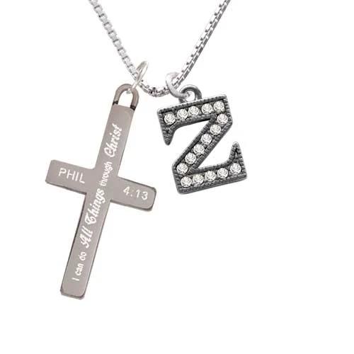 Crystal Black Initial - Z - Beaded Border - - I Can Do All Things - Cross Necklace (1)