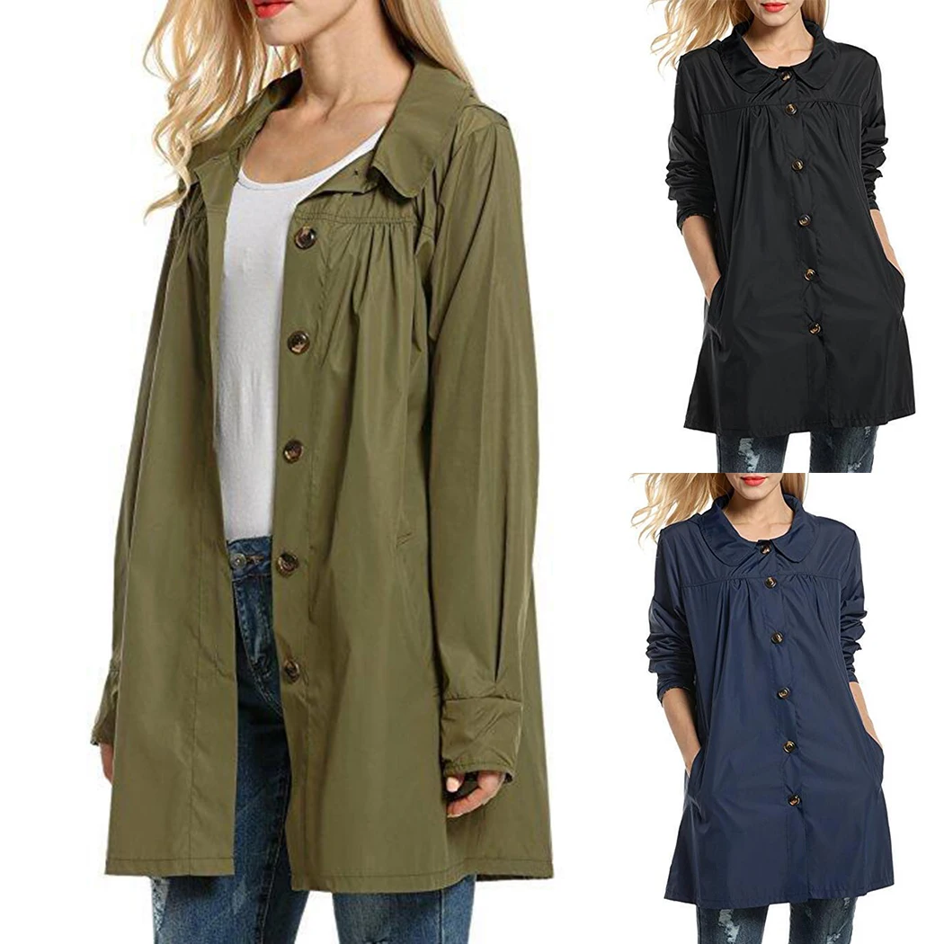 Casual Women Waterproof Hooded Jacket Lapel Button Loose Long Coat Windbreaker Female Solid Long