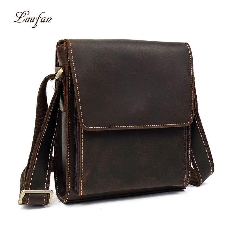 

Vintage crazy horse leather Men bag Cow leather shoulder bag fit iPad Zip around casual crossbody bag Cowhide briefcase Purse
