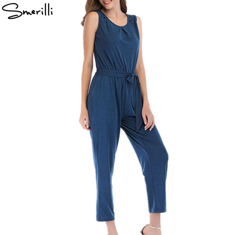 2018 Women Sleeveless Jumpsuits Solid Slim Waist Female Elegant Bodysuits O-neck OL Rompers Playsuits Long Pants | Женская одежда