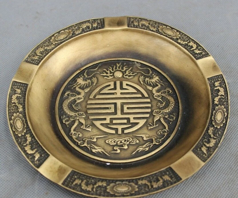 

Folk Chinese Bronze FengShui Wealth Myth Fly 2 Dragon Statue Palace Tray Plate