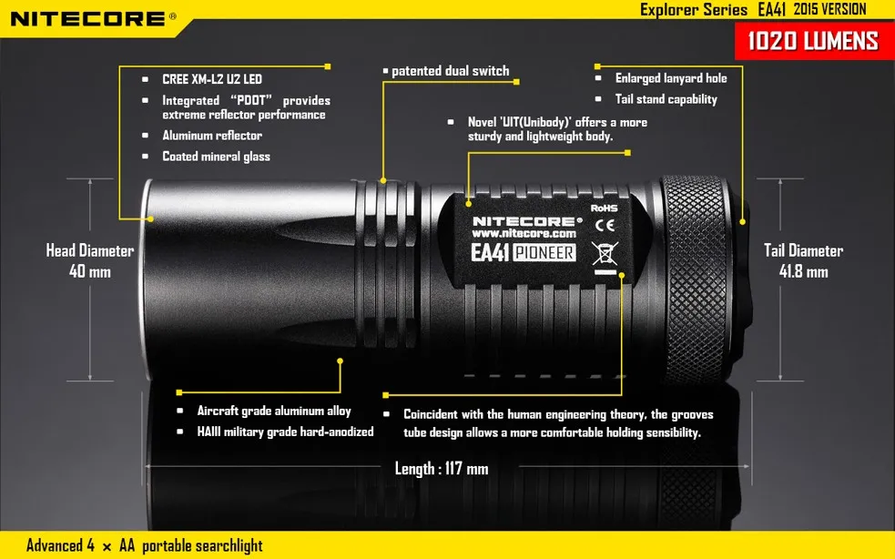 NITECORE EA41 EA41W XM-L 1020 люмен advanced 4 х АА портативный прожектор Высокая производительность улучшение качества фонарик