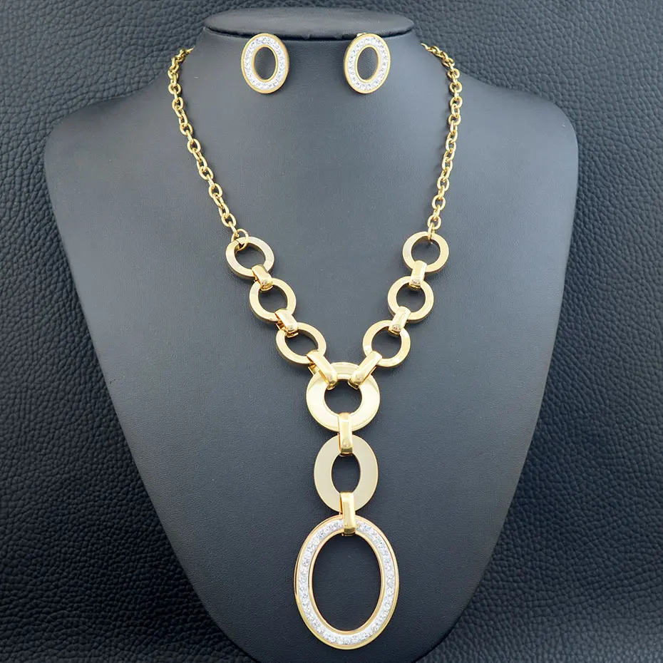 

Wholesale Stainless Steel Vintage Jewelry Silver And Gold Color Necklace Big Long Pendant And Earrings Sets For Woman SEDLBGCI