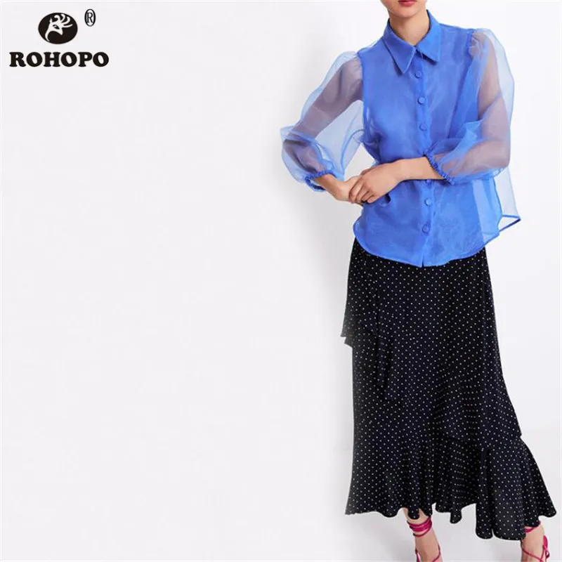 

ROHOPO Puff Long Sleeve Mesh Blue Blouse Single Breast Autumn Ladies Top Shirt Sunscreen tulle Vogue Blouse #CW9244