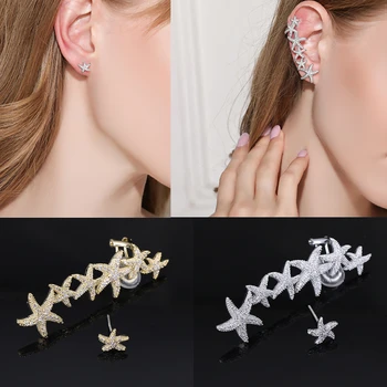 

XIUMEIYIZU Trendy Asymmetric Handmade Copper Gold / Silver Plated Cubic Zirconia Starfish Ear Clip Cuff Earrings