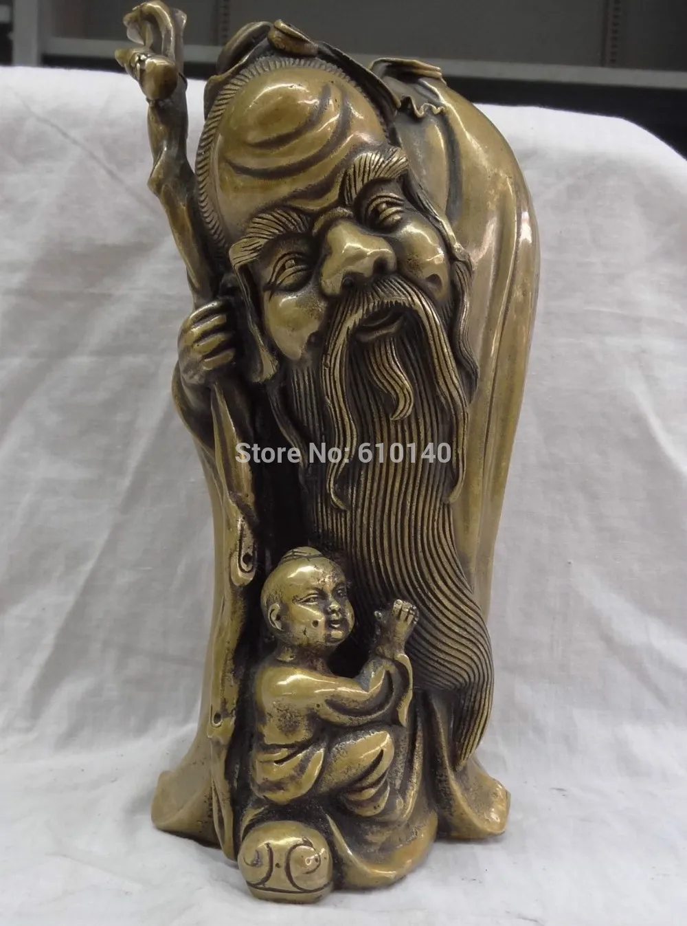 

10" China Bronze Buddhism Shou Standing God Of Longevity With Lad Kid Statue