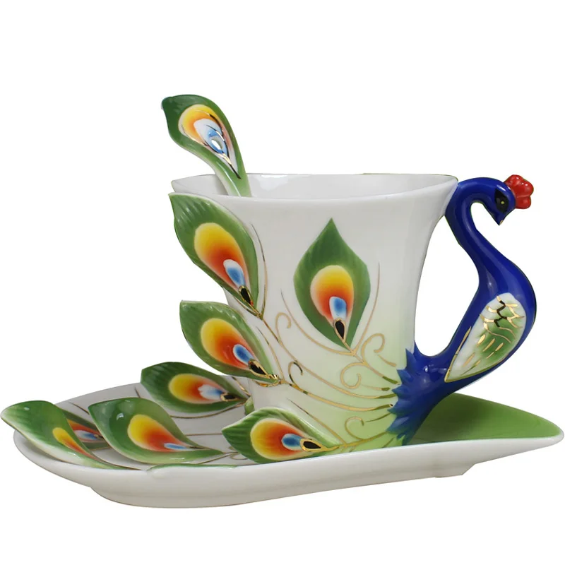 

European 3D personality ceramic creative peacock coffee cups bone china cup saucer spoon set home kitchen drinkware accessories