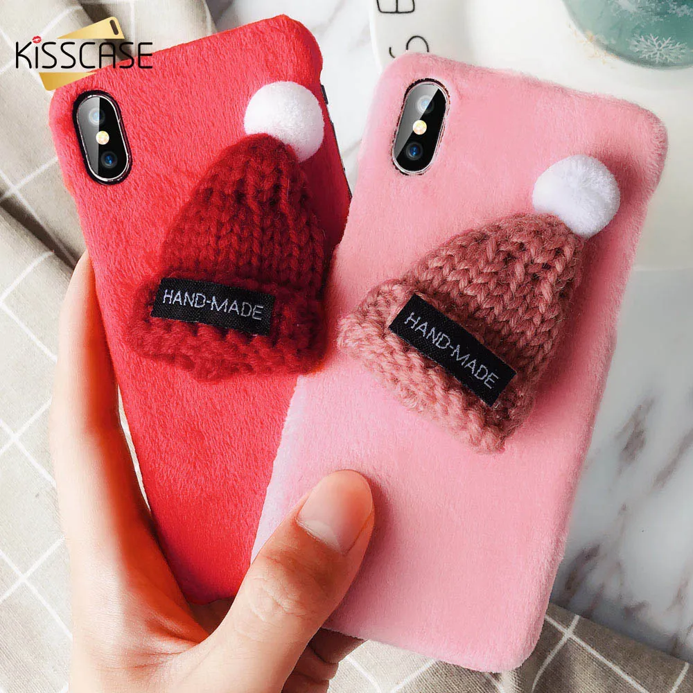 

KISSCASE Cute Phone Case For iPhone 6 6s 7 8 Plus Cases Knitted Hairy Hat Cover For iPhone X XS Max XR 5s SE Warm Christmas Capa