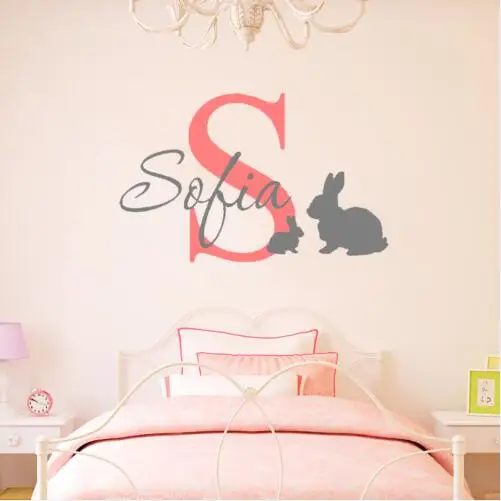 

Personlized girls boys Name Wall Decals nursery 2 rabbits Wall Stickers For Kids Room Custom Name Stickers Muraux A528