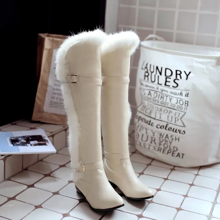 

2018 Autumn And Winter Rabbit Fur Long Tube Over The Knee Scrub Plus Velvet Boots Low Heel Snow Women's Boots