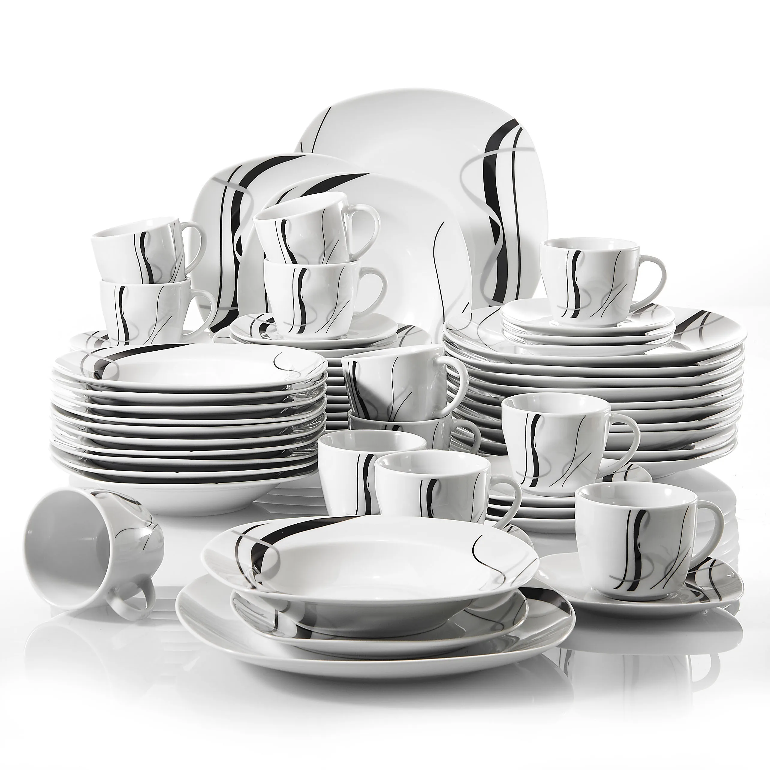 Veweet Fiona 60 Piece Black Lines Porcelain Ceramic Plate Combi Black Lines Porcelain Ceramic Plate