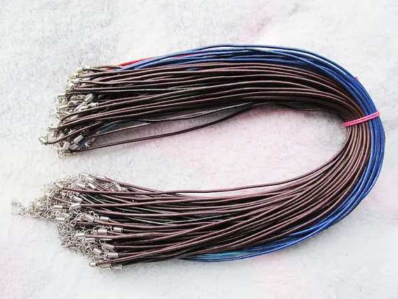

100pcs 2mm 16-18inches Adjustable Navy Blue Genuine Leather Necklace Cord Rope String,1.8inch Extender Chain12x7mm Lobster Clasp