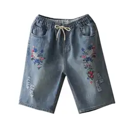 Лето 2019 Винтаж Вышивка цветок джинсовые шорты для женщин Мода полномерная прямая эластичный пояс рваные джинсы шорты для p741