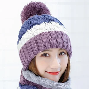 Purple Cap Модный подарок, теплая шерстяная зимняя женская шапка, s и шарфы, элегантный шарф, шапка, набор для женщин, 2 вида, шапка, шарф, наборы, длинные женские шарфы - Цвет: Purple Cap