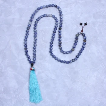 

Yoga Jewelry 108 beads Blue white Natural stone mala Necklace long tassel necklace for women Bohemian Jewelry