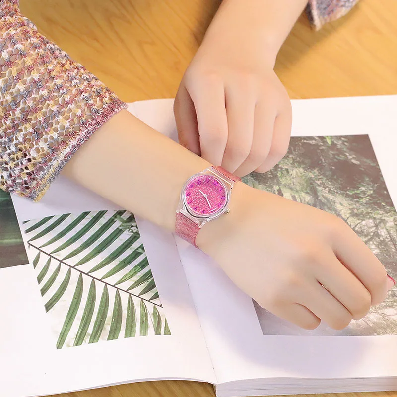 

Women Shiny Quartz Watch Silicone Strap Glitter Round Dial Girl Casual Wristwatch FDC99