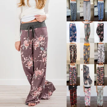 Women's Pants Loose Floral Print Drawstring Casual Wide Leg Pants Female Summer Trousers Long Fashion Sweatpants Plus Size D20 black floral print flared long pants
