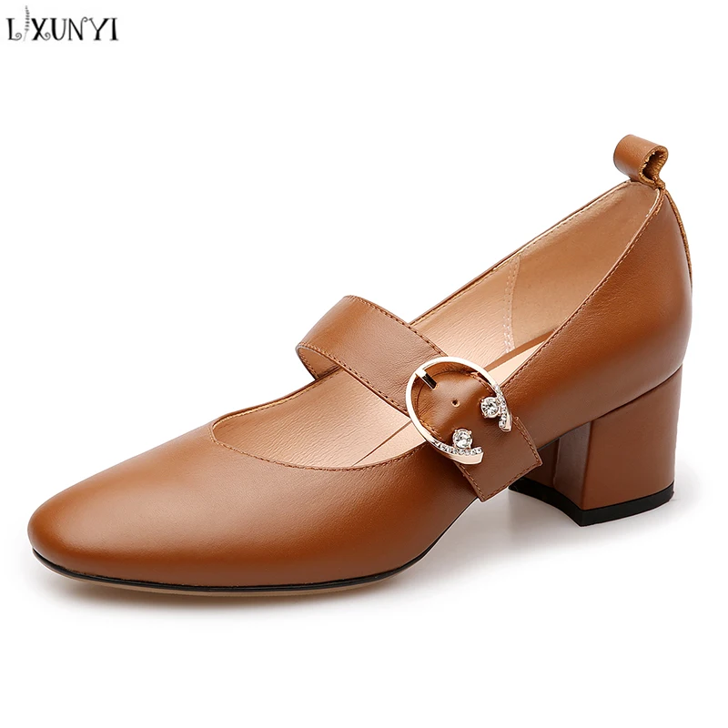 

LXUNYI 2018 Rhinestone Buckle Pumps Women Black Brown Real Leather Shoes Round Toe Thick Heel High Heels Zapatos Bajos De Mujer