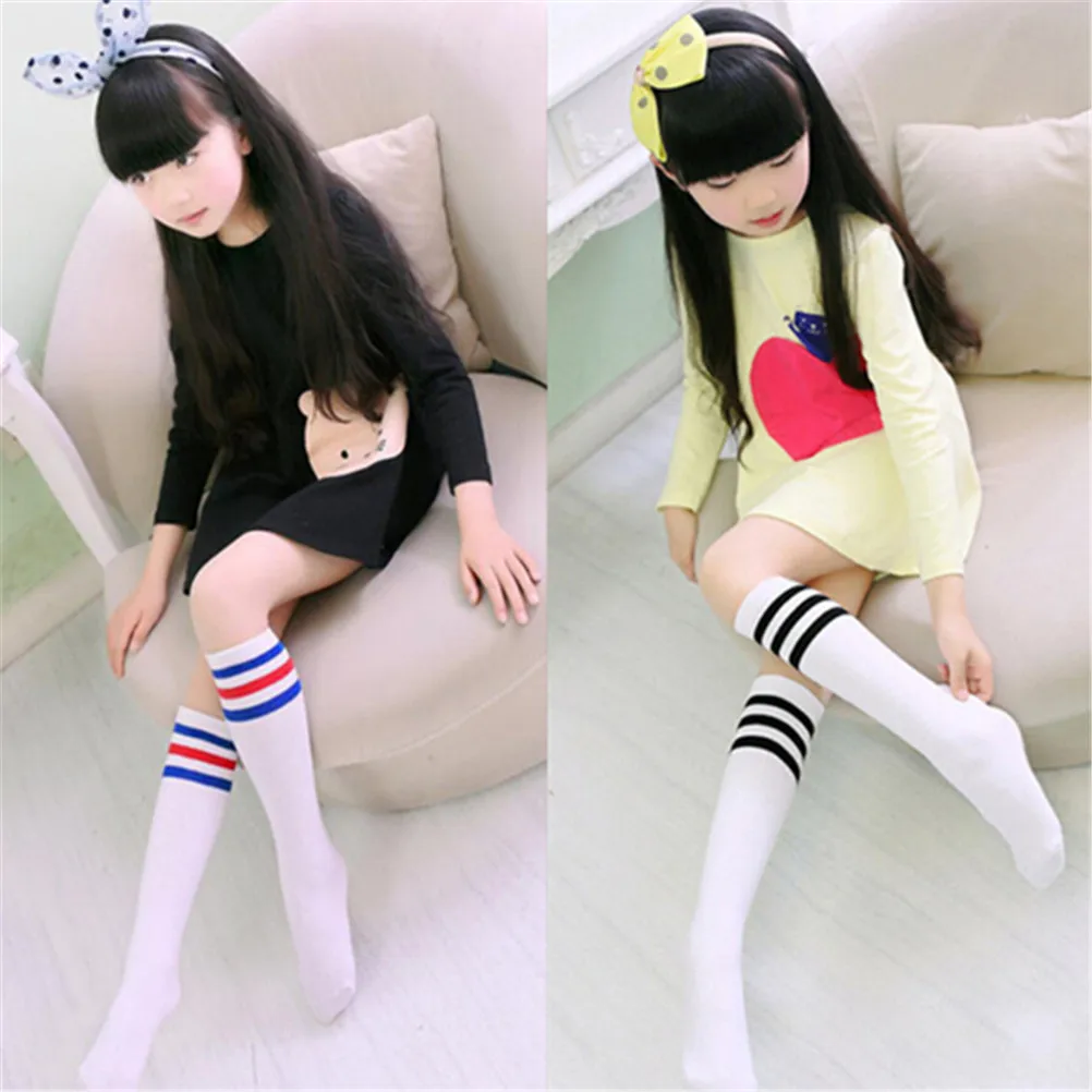 

For Girls Boys Football Cotton Stripes Sports Old School White Socks Skate Children Baby Long Tube Leg Warm Kids Knee High Socks