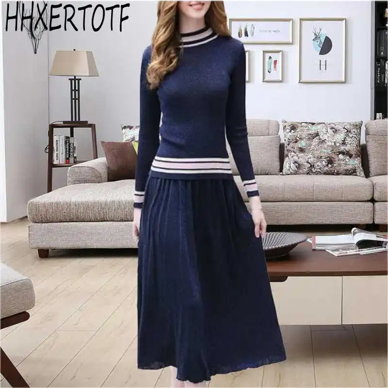 

2019 New Summer women Suit Women's Fashion long sleeve Knitting Sweater with pleated Skirt Two-piece Ladies Skirts Set