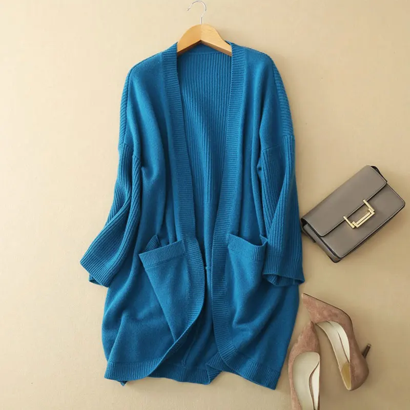 

2019 Newest Long Blue Cardigan Womens 100% Pure Cashmere Knitted Thick Open Stitch Outerwear Women's Cashmere Cardigan Coats