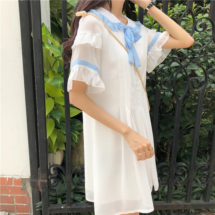 Японский Harajuku женское белое шифоновое платье Kawaii с воротником Питер Пэн в винтажном стиле с коротким рукавом милое платье Kawaii