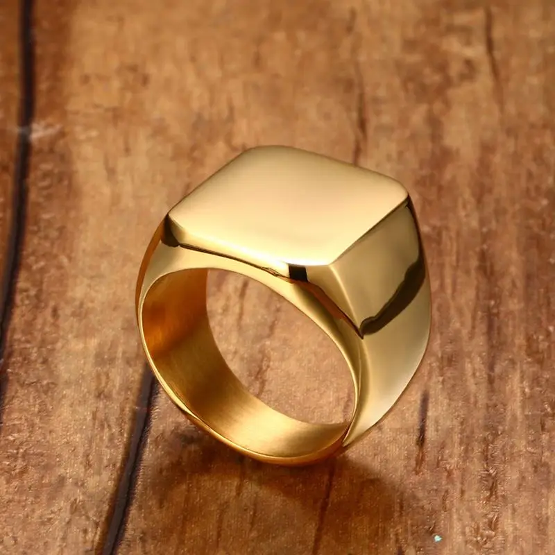 Meaeguet Solid Gold Color Punk Cool Men's Ring High Polished 18MM Wide Unique Stainless Steel Biker Square Party Ring