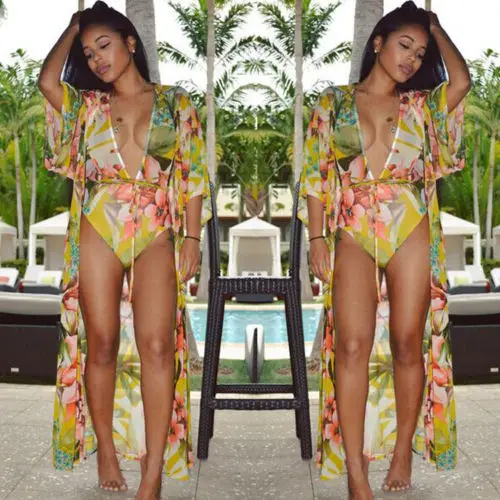 

2 Pieces women Bikinis Set Floral print Chiffon Padded swimsuit long sleeve Cover Up Set high waist Swimsuit belt Beachwear