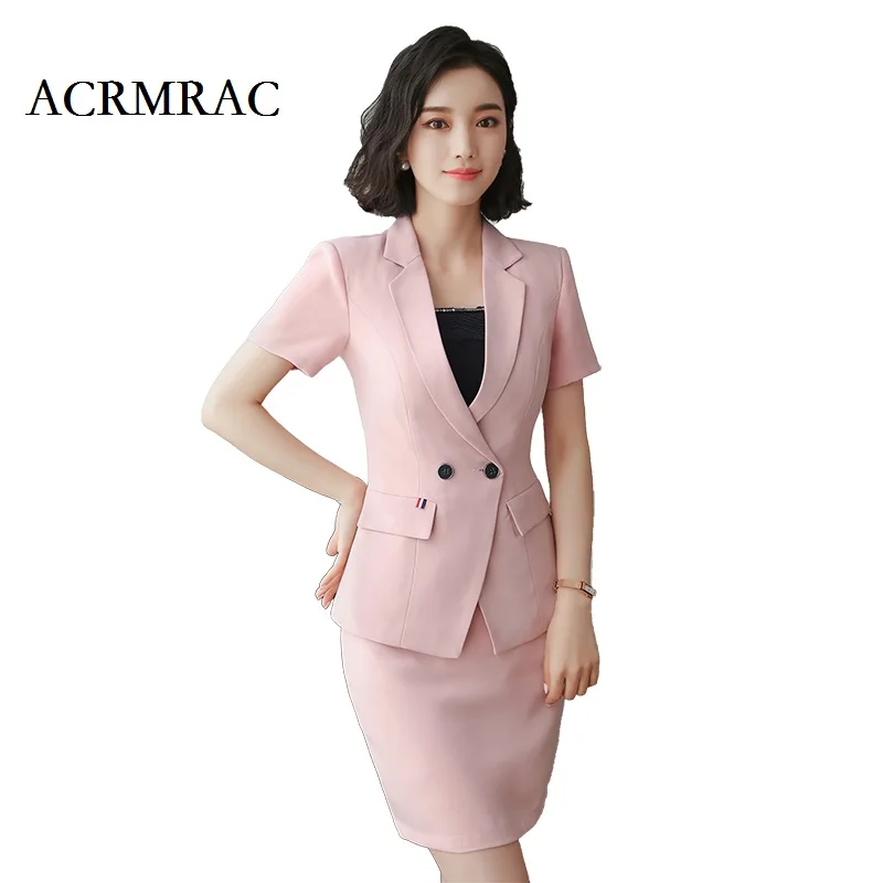 

ACRMRAC Women New Summer suit Short suit Pure color Slim Double Breasted jacket skirt Business OL Formal Skirt Suits