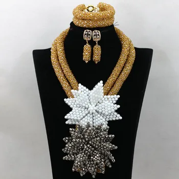 

Splendid Champagne African Statement Necklace Set Gold Nigerian Wedding Bride Bead Jewelry Set Yellow Flower Free Shipping QW345