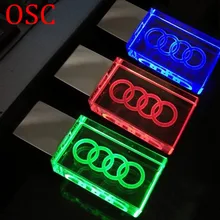 Crystal glass LED Light A udi Car Logo usb flash drive pendrive8gb 16gb 32gb 64gb usb memory pen drive stick USB Flash Pen Drive