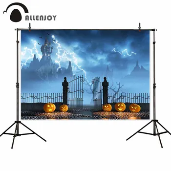 

Allenjoy backgrounds for photography studio pumpkin lantern guard open gate spooky castle mountains backdrop Halloween photocall