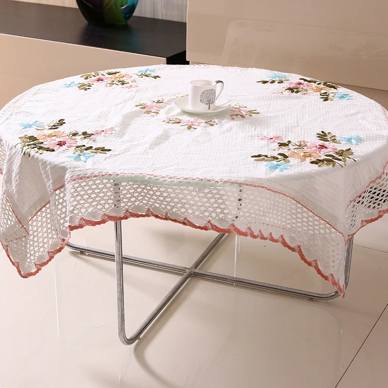 

Cotton Tablecloth Pure White Hand Ribbon Embroidery European Style Cover Washable Table Cloth for Tea Table