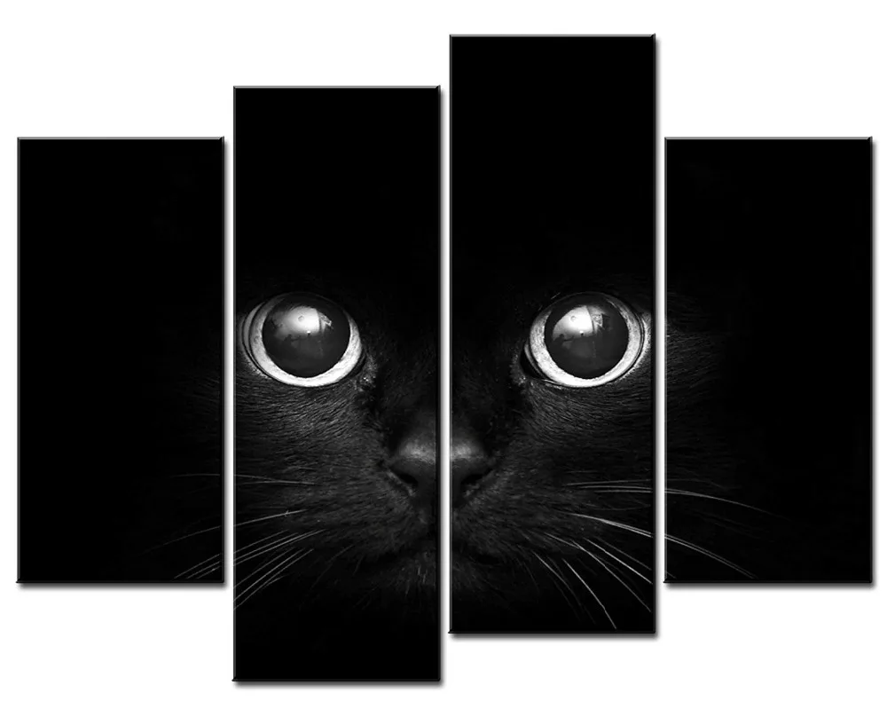 4 Panels HD Printed Black Cat Wall Art Picture Home Decoration Painting